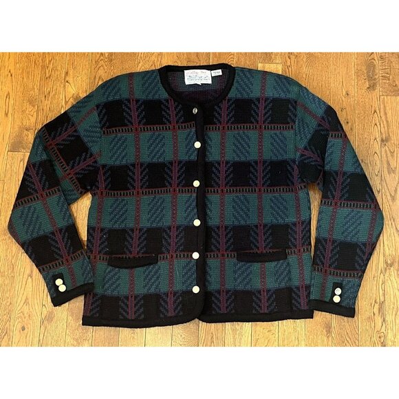 VTG 80’s Tally-Ho Pollak Granny Plaid Cardigan Sweater Green Red Blue Buttons L - Picture 1 of 3